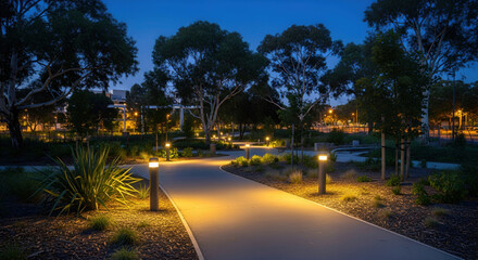 A serene nighttime scene of a pathway illuminated by warm lights, leading through a park.