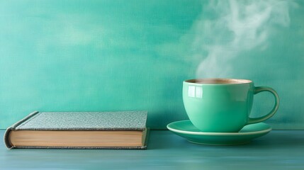 Cozy Book and Steam Coffee Mug on Teal Background
