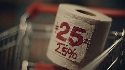 Supermarket shelf with red '+25% tariff' price tag stamp on toilet paper roll in shopping cart, consumer blurred in background, inflation and price increase concept.