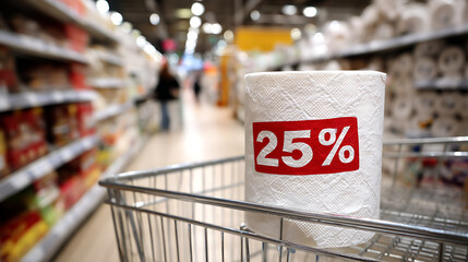 Supermarket shelf with red '+25% tariff' price tag stamp on toilet paper roll in shopping cart, consumer blurred in background, inflation and price increase concept.