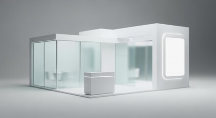A modern, minimalist white trade show booth with glass walls and a blank illuminated display panel.