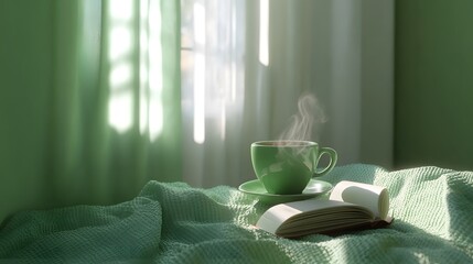 Serene Morning, Green Tea Cup and Open Book on Soft Blanket by Window