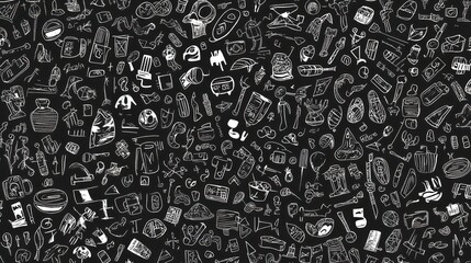 White doodle icons on black background, seamless pattern.