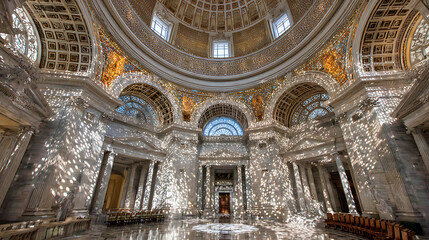 Gilded fountain pen casting long dramatic shadow on Equality Act document with star-spangled light patterns through Capitol rotunda dome, empty chairs symbolizing political debate.