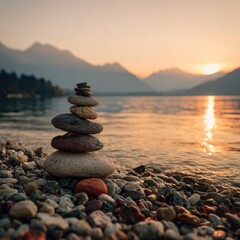 Calm stones at sunrise on a lake shore