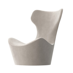 Modern sculptural high-back lounge chair, side perspective view, 3D render, isolated on transparent background.