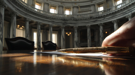 Gilded fountain pen casting long dramatic shadow on Equality Act document with star-spangled light patterns through Capitol rotunda dome, empty chairs symbolizing political debate.