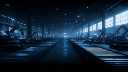Empty modern factory with automated assembly line extending toward Southeast Asia map, robotic arms idle in blue-toned morning light from high windows, industrial automation concept.

