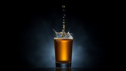 A glass with a golden liquid splashing against a dark background with falling drops of liquid above it | national 