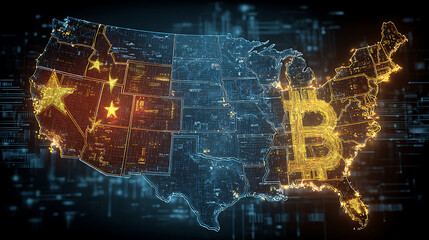 Clashing digital data streams between China and US maps with firewalls and Bitcoin symbols in dark blue cyberpunk style, representing global cyber conflict and cryptocurrency chaos.