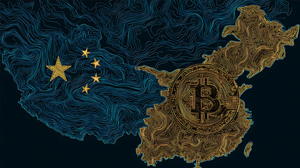 Clashing digital data streams between China and US maps with firewalls and Bitcoin symbols in dark blue cyberpunk style, representing global cyber conflict and cryptocurrency chaos.