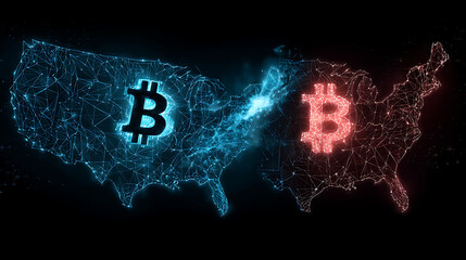 Clashing digital data streams between China and US maps with firewalls and Bitcoin symbols in dark blue cyberpunk style, representing global cyber conflict and cryptocurrency chaos.