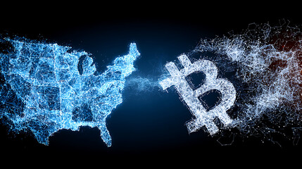 Clashing digital data streams between China and US maps with firewalls and Bitcoin symbols in dark blue cyberpunk style, representing global cyber conflict and cryptocurrency chaos.