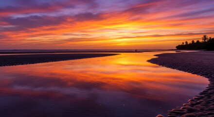 A tranquil river reflecting a vibrant sunset sky, creating a serene coastal scene.