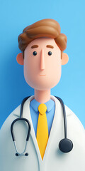 3D icon of a professional doctor with white coat and stethoscope, simple and minimal style, soft shadows, clean surface, vivid colors, realistic yet sharp proportions, in front of view, flaticon style
