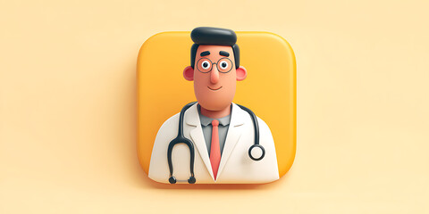 3D icon of a professional doctor with white coat and stethoscope, simple and minimal style, soft shadows, clean surface, vivid colors, realistic yet sharp proportions, in front of view, flaticon style