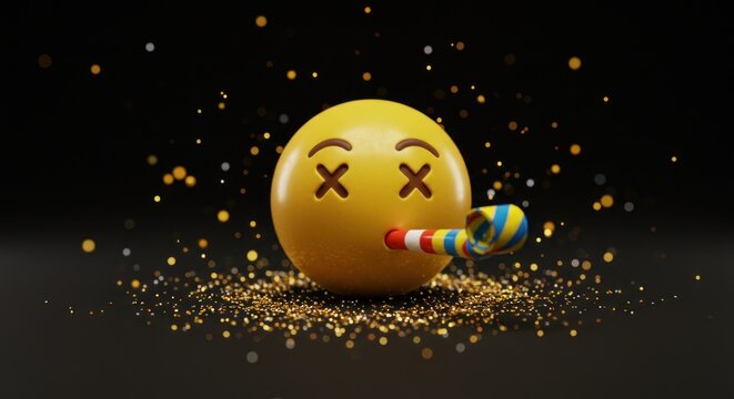 Humorous party aftermath with an emoji surrounded by confetti in a dark scene minimal 50