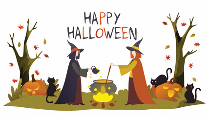 Naklejka premium Two witches brewing a potion in a cauldron with pumpkins and black cats in a halloween landscape scene