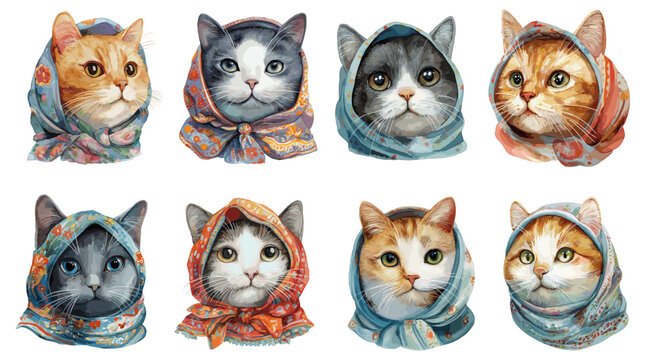 Cute cats in babushka headscarf. Watercolor kitten portraits in floral scarves. Decorative animal characters set