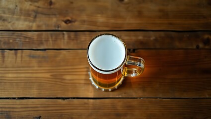 Aerial view of a beer mug with white foam on a wooden table with natural light and warm color tones | national 
