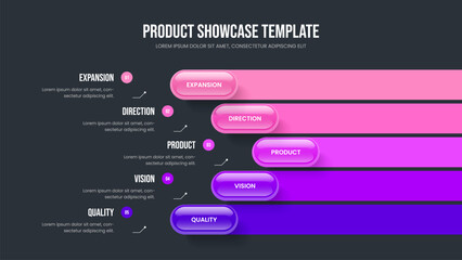 Professional Showcase Five Option Infographic Frame Layout. Consulting Review Slide Design Vector Illustration. Investor Analysis 5 Step Diagram Presentation Template.