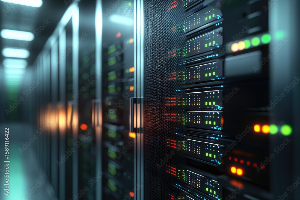 Poster modern data center corridor with illuminated server panels and colorful led signals, showcasing clou