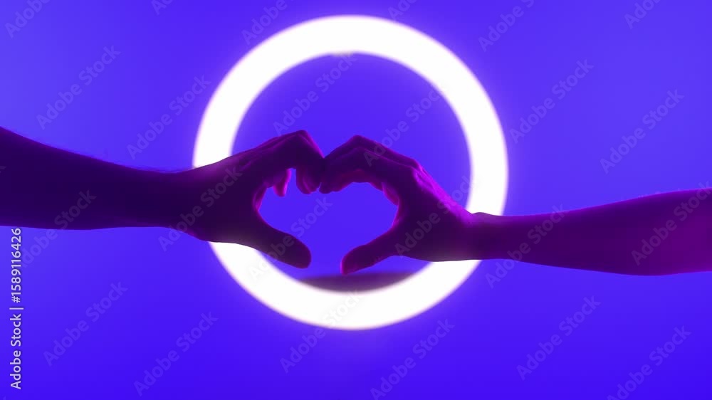 Poster hands creating heart shape with neon circle in background