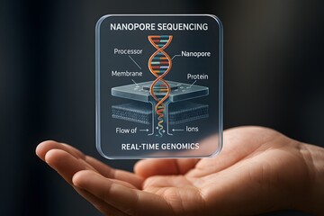 An open hand supports a digital schematic of nanopore sequencing with DNA, membrane, and protein elements. Concept of real-time genomics and molecular innovation.