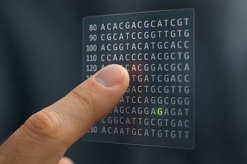 A finger touches a digital genetic sequence display showing ACGT code on a transparent screen. Concept of genome analysis and DNA identification.