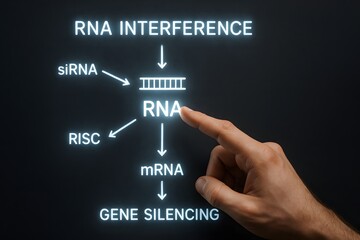 A hand points at a glowing RNA interference diagram showing gene silencing pathways. Concept of molecular biology and genetic regulation.
