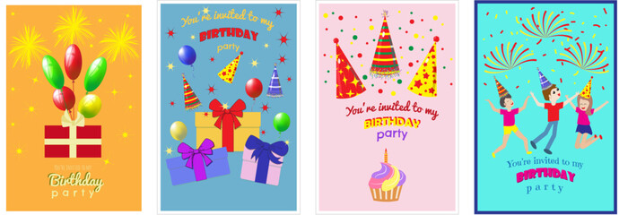 Collection of birthday invitations with balloons, cakes, party hats, gifts, fireworks and colorful confetti. Vector illustration for invitation.
