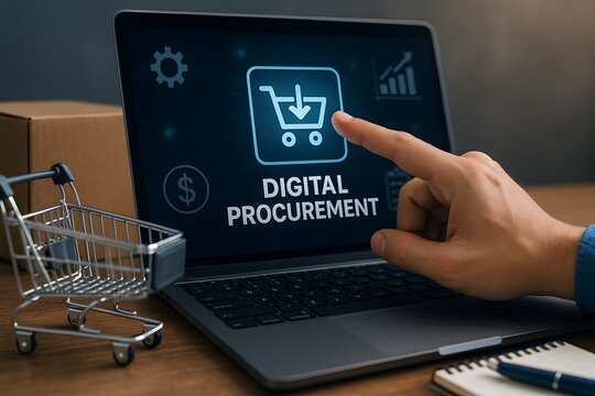 A hand points at a digital procurement icon on a laptop screen near a small cart. Concept of online purchasing and supply chain innovation.