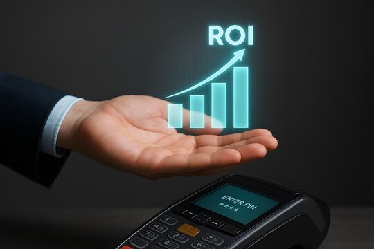 An open hand holds a glowing ROI chart above a card payment terminal. Concept of investment return and financial performance. - Powered by Adobe