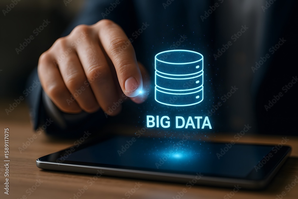 Poster a hand taps a holographic big data icon floating above a digital tablet. concept of data analytics a