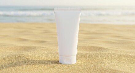 Sunscreen Protection: White Tube on Sandy Beach Offering Coastal Defense