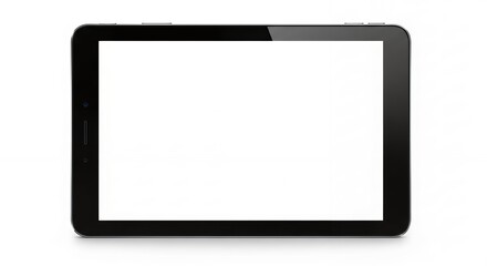 A black tablet with a blank white screen is positioned against a clean background, concept for mobile applications, digital presentations and UI/UX design solutions