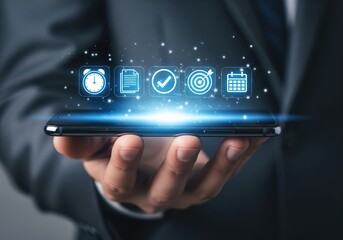  Business Hand Holding Phone with Project Management Icons