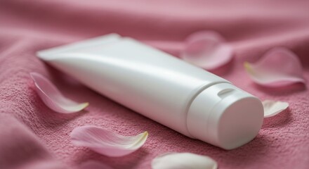 Elegant White Cosmetic Tube Displayed on Textured Pink Fabric with Flower Petals