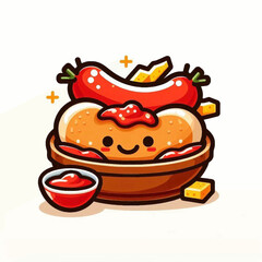 Cartoon food a smiling bun in a bowl with sausages cheese and ketchup