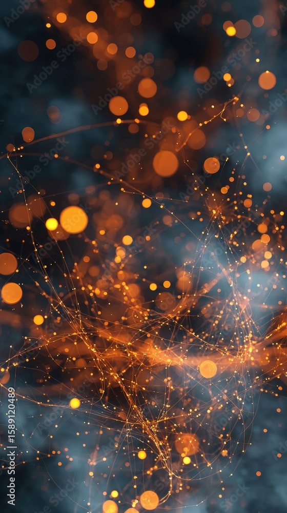 Poster close-up of vibrant orange sparks and glowing particles floating against a dark, smoky background, c