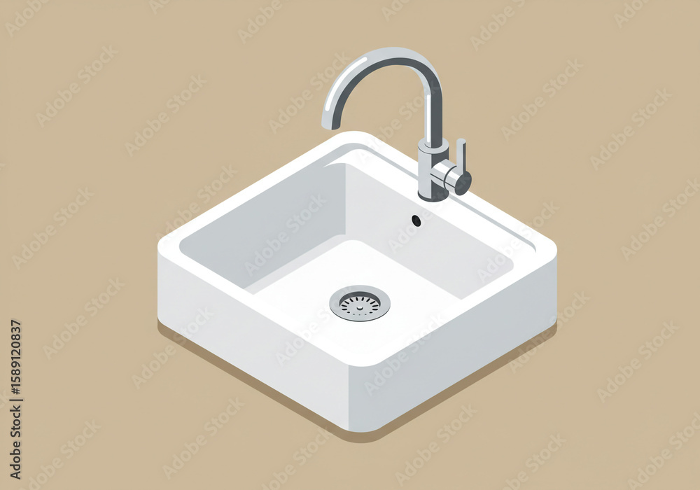 Fototapete isometric view of a white square sink with a chrome faucet on a beige colored background