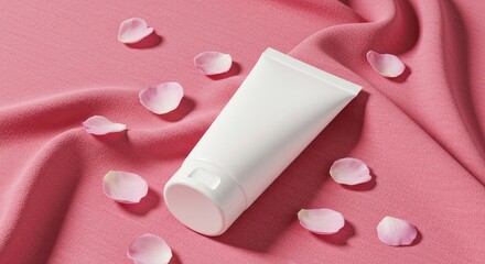 Elegant white cosmetic tube with delicate flower petals on soft pink textured cloth