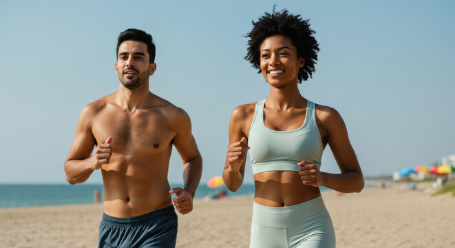 multiracial couple jogging along sandy beach during sunset. african american woman in crop top, middle eastern man in shorts. outdoor activity and healthy lifestyle. fitness, travel, motivation