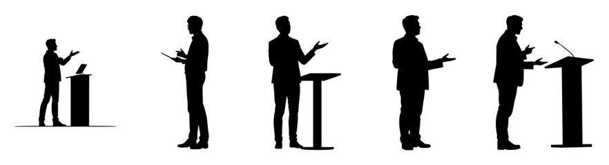Silhouettes of Speakers Presenting from Podium and Holding Devices