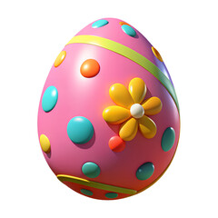3D Icon, A pink easter egg with a yellow flower and colorful dots and stripes, isolated on transparent background