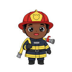 Cute Black Skinned Firefighter Cartoon Isolated Blue Background