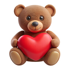 A soft, plush teddy bear with a warm brown color, holding a bright red heart-shaped pillow