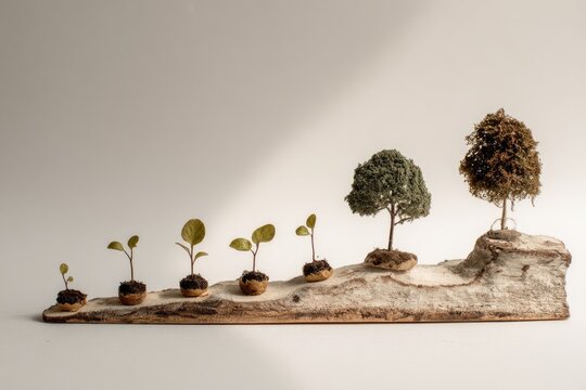 A time-lapse of plant growth displayed on a piece of wood, showing stages from seed to mature, then decaying tree, under a single light source