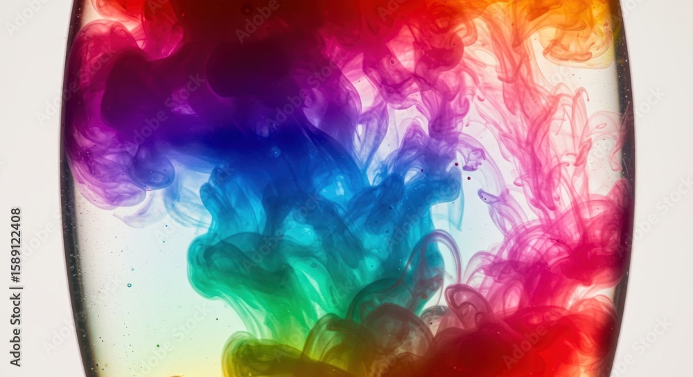 Poster mesmerizing rainbow colored pigments dissolve in water in a glass container creating ethereal forms