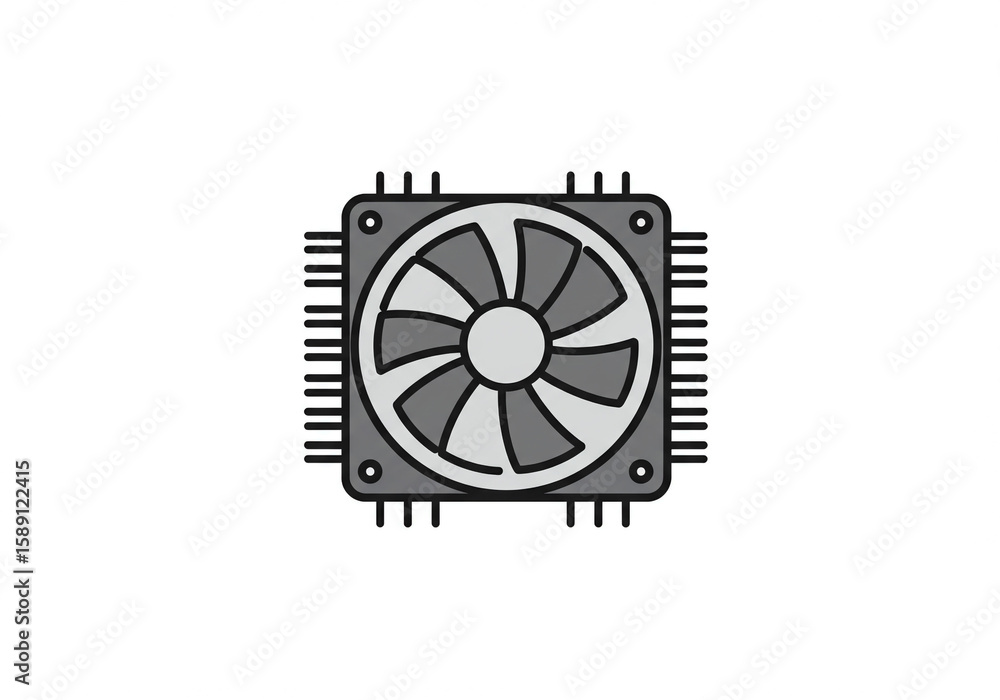 Fototapete Illustration of a cpu cooler with a gray fan and heatsink on a white background in a simple style